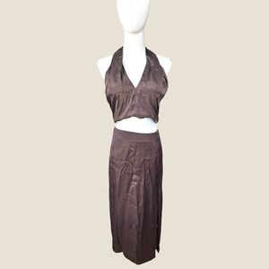 Krisa NWT Size XS brown satin halter w‎ midi skirt set
